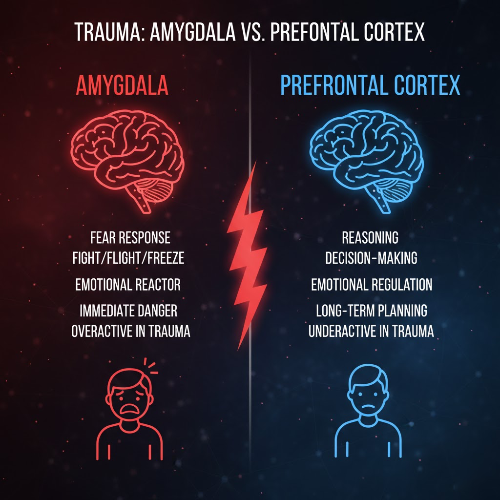 Comparison of the Amygdala (Fear Response) vs Prefrontal Cortex (Reasoning) during trauma